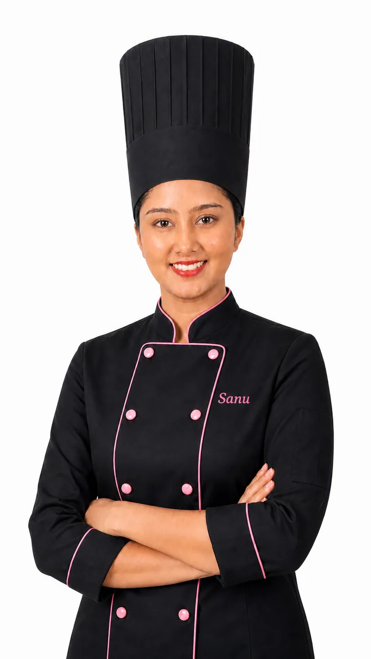 Chef Sanu wearing a black chef coat with Sanu name
